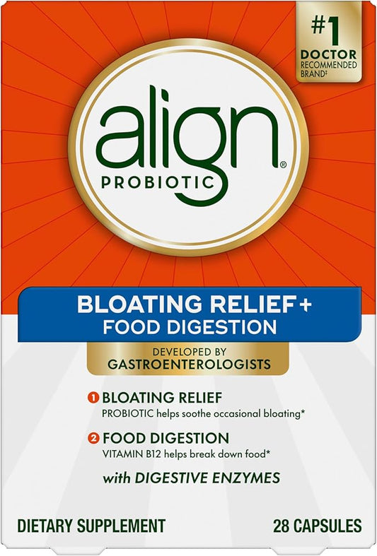 Align Probiotic Bloating Relief + Food Digestion, Probiotics for Women and Men, Promotes Digestive Health and Helps Support the Metabolism of Food*, 28 Capsules (Packaging May Vary)