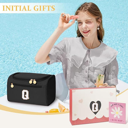 COSHAYSOO Christmas Valentines Galentines Day Fall Travel Gifts for Women Friend Sister Bestie Happy Birthday Party Favor Present, Large Hanging Toiletry Bag Skin Care Toiletries Black Letter Q