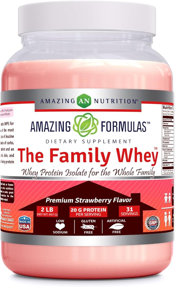 Amazing Formulas The Family Whey Protein (Isolate) Powder for The Whole Family - 2 lbs - Most Complete & Purest Form of Protein - Gluten Free (Strawberry)
