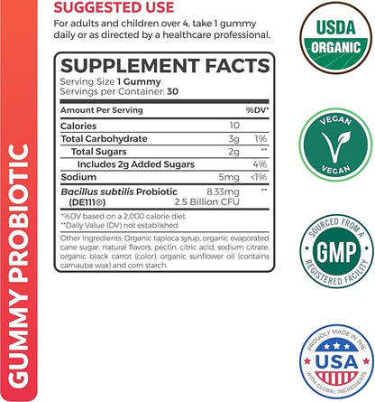 USDA Organic Probiotics for Kids (Non-GMO) Strawberry Flavor Kids Probiotic Gummies for Digestion & Immune Support - 2.5 Billion CFU of DE111 Spore Forming Strain for Maximum Survivability - 30 Gummys
