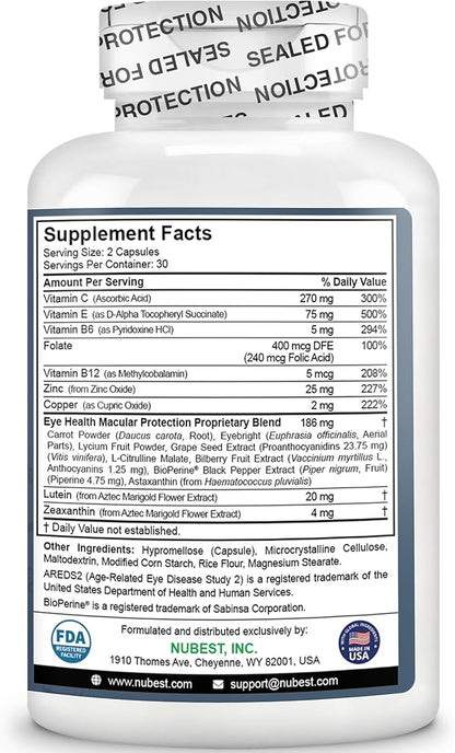 NuBest AREDS 2 Eye Vitamins Eye Health with Beta Carotene Carrot Powder, 20mg Lutein, 4mg Zeaxanthin, Bilberry, Grape Seed, BioPerine, B-Complex, Multivitamin for Eye Health - 120 Vegan Capsules