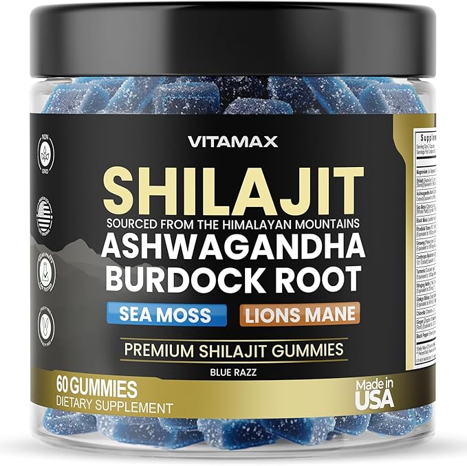 Organic Shilajit Gummies 1500mg, Sea Moss 200mg, Ashwagandha 500mg, 105+ Trace Minerals – Organic Burdock Root & Lions Mane Mushroom - Blue Razz – Vegan & Non-GMO – Made in USA – 60ct