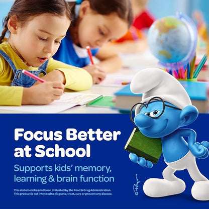 The Smurfs Nootropic Gummies for Kids with Vitamin B12 & L-Theanine | Laser Focus Gummies for Focus and Memory Supplements | Made with Real Fruit in a Smurf Berry | Doctor Developed | 60 Vegan Gummies