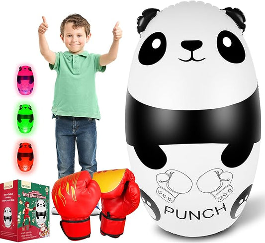 Punching Bag for Kids with Boxing Gloves - 120cm Light Up Panda Kids Punching Bag Inflatable Stress Relief Toy for 3-9 Year Olds - BPA-Free (3xAAA Batteries Not Included)