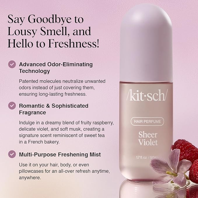 Kitsch Sheer Violet Hair Perfume For Women - Clean, Deodorizing, and Patented Odor-Eliminating Technology, Body Mist - Freshen Hair, Body & Pillows - Fruity Raspberry, Violet & Soft Musk Scent - 50ml