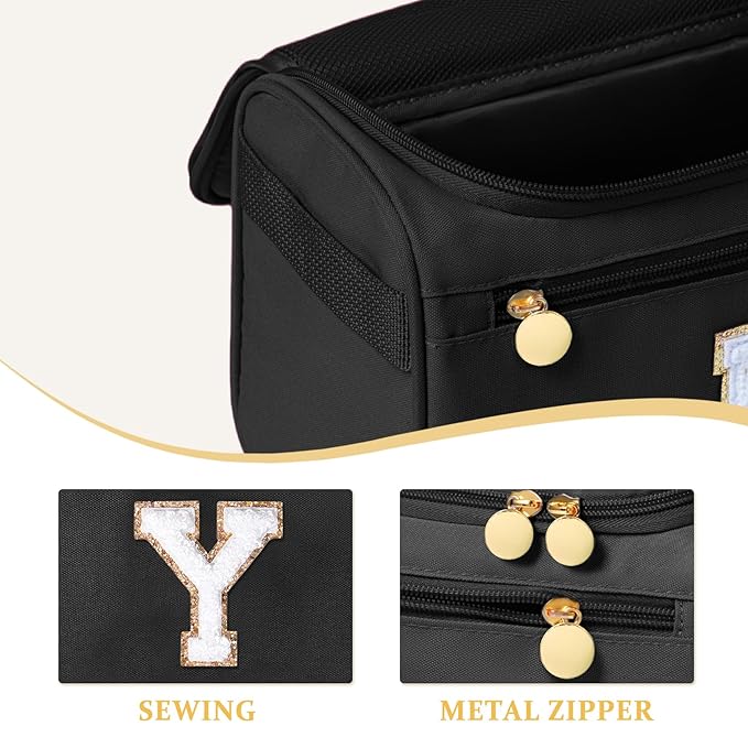 COSHAYSOO Christmas Valentines Galentines Day Fall Travel Gifts for Women Friend Sister Bestie Happy Birthday Party Favor Present, Large Hanging Toiletry Bag Skin Care Toiletries Black Letter Y