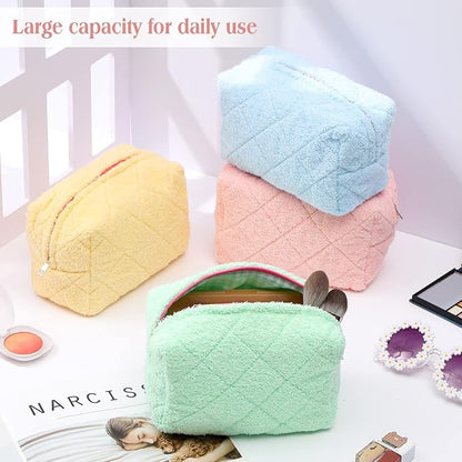 LEIFIDE 4 Pcs Quilted Makeup Bag Pouch Cute Plush Fuzzy Checkered Cosmetic Bag Cotton Terry Cloth Toiletry Pouch with Zipper Portable Travel Organizer Preppy Brush Storage for Christmas Women Gift