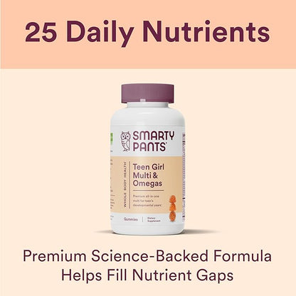 SmartyPants Teen Girl Multivitamin Gummies: Omega 3 Fish Oil (EPA/DHA), Vitamin C, D3, B12, Vitamin A, K & Zinc, Gluten Free, Includes Biotin to Support Hair, Skin & Nails, 90 Count (22 Day Supply)