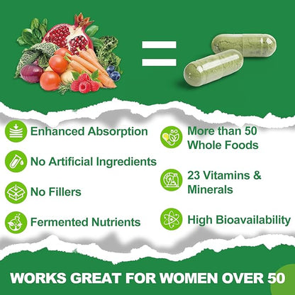 Women Multivitamin 50 Plus, Whole Food Supplement Womens Vitamins Multivitamins Over 50, Organic Extracts for Energy Support, Hair, Skin, Nails Health 120 Capsules