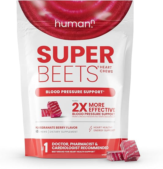 humanN SuperBeets Heart Chews, Nitric Oxide and Blood Pressure Support, Grape Seed Extract & Non-GMO Beet Root Powder Energy Chews, Super Beets Heart Chews, Pomegranate Berry Flavor, 60 Count