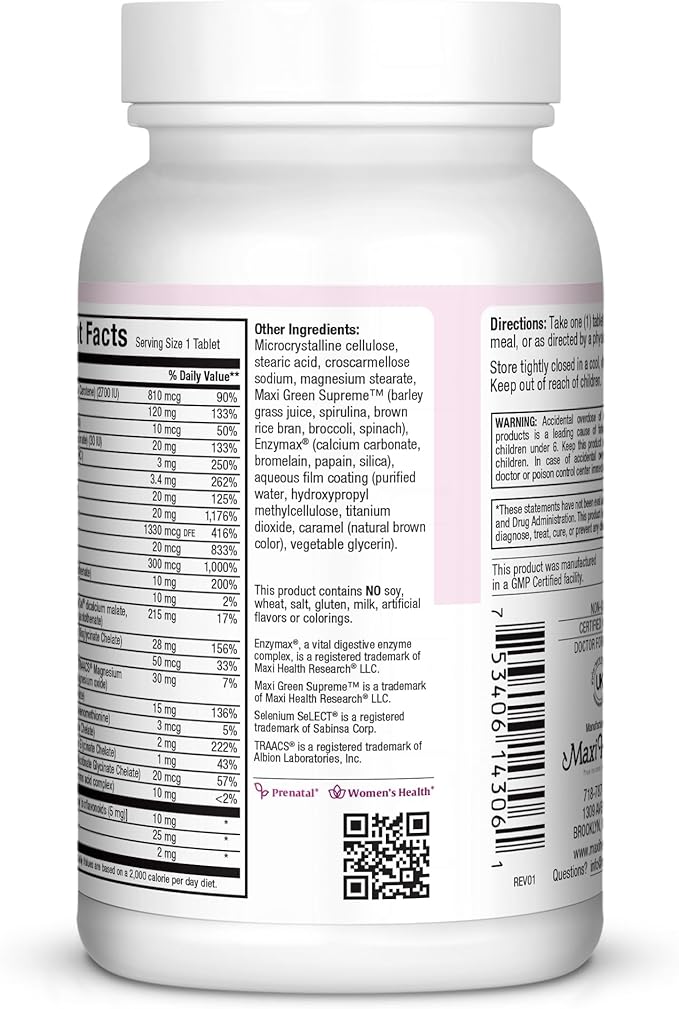 Maxi Health One Prenatal - Womens Prenatal Vitamins with Iron - Enhanced Absorption & Bioavailability - Daily Multivitamin for Women - Multi Vitamin & Mineral Supplement for Adults - 60 Capsules