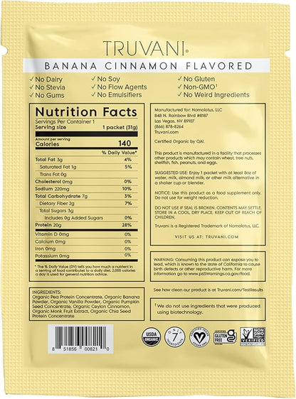 Truvani Vegan Pea Protein Powder | Banana Cinnamon | 20g Organic Plant Based Protein | 1 Serving | Keto | Gluten & Dairy Free | Low Carb | No Added Sugar