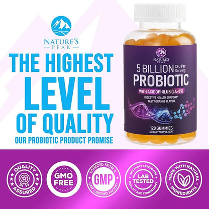 Probiotic Gummies for Women, Men & Teens - 5 Billion CFUs, 6 Probiotic Strains, Orange Flavor - Daily Probiotic Gummy Supplements for Natural Digestive Health, “Good” Gut & Immune Support - 120 Count