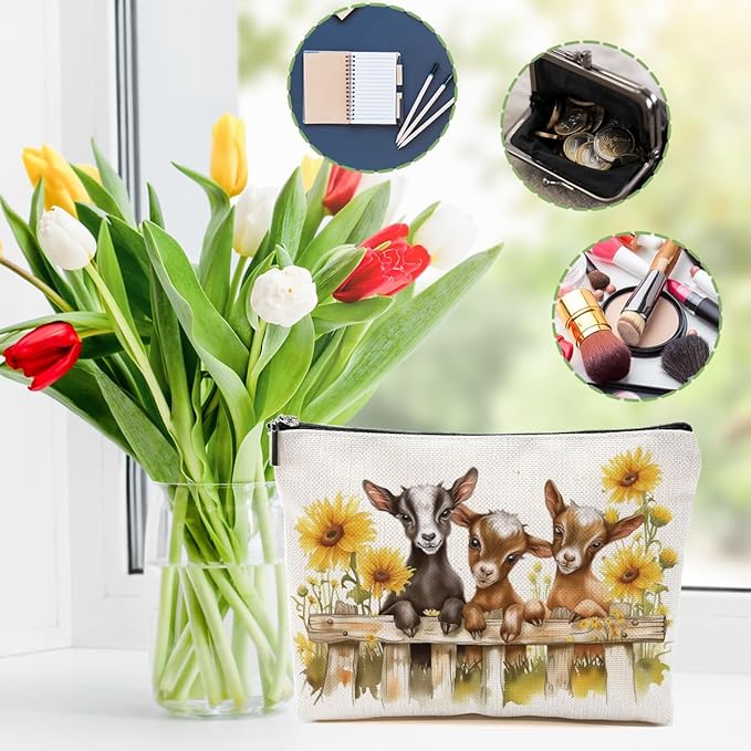 Goat Gifts for Goat Lovers Makeup Bag Cute Sunflower Goat Cosmetic Bag Animal Lover Gifts for Women Girls Friend Daughter Travel Organizer Zipper Pouch Graduation Birthday Friendship Gifts