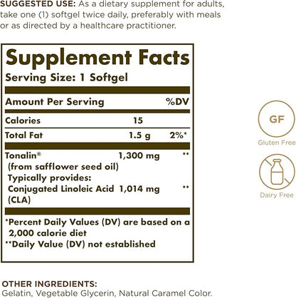 SOLGAR Tonalin CLA 1300 mg - 60 Softgels - Conjugated Linoleic Acid - Non-GMO, Gluten Free, Dairy Free - 60 Servings