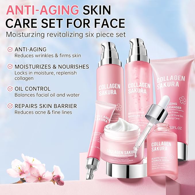 Sakura Skin Care Set, Cherry Blossom Skincare Set for Teen Girls, Hydrate & Repair Skin, 6 Pcs Individually Packaged Collagen Skin Care Kits with Cleanser, Toner, Lotion, Serum, Cream & Eye Cream