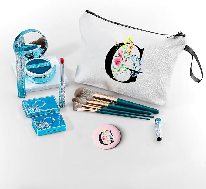 SEAMOON Women Birthday Unique Initial Funny Gifts for Teenage Girl Sister Friends Bridesmaid Personalized Travel Make up Cosmetic Bag with Mirror Valentines Mothers Day Christmas Graduation G