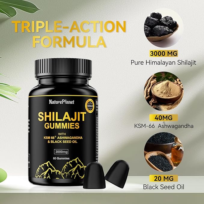 3000 MG Shilajit Gummies, Pure Himalayan Shilajit Extract Organic with 85+ Trace Minerals for Energy & Vitality, 60 Count