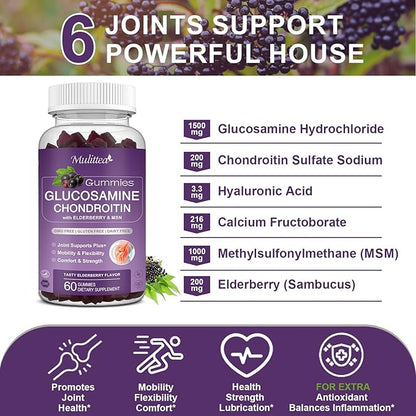 Glucosamine Chondroitin Gummies - Extra Strength Joint Support Supplement with MSM & Elderberry for Natural Joint, Antioxidant Immune Support for Adults, Men & Women-(2 Pack)