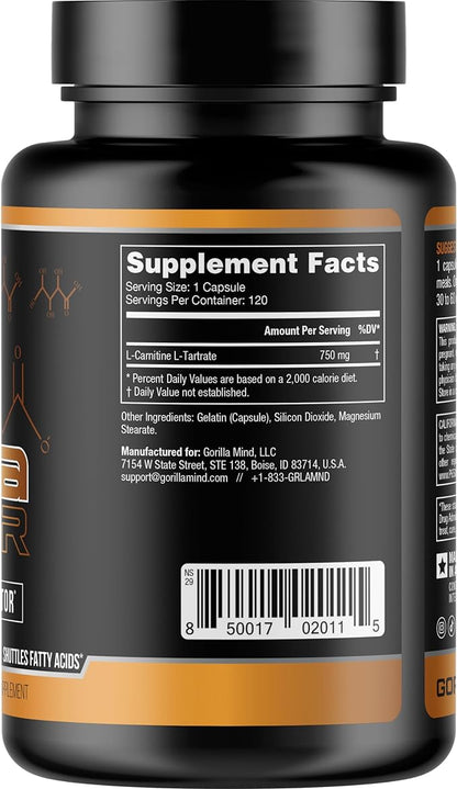 Gorilla Mode AR Carnitine 750mg Capsules – Androgen Receptor Upregulator/Boosts Cellular Energy, Upregulates Androgen Receptor Density/Shuttles Fatty Acids (120 Capsules)