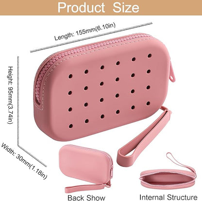 Portable Silicone Makeup Bag for Women, Small Travel Toiletry Cosmetic Bag with Decorative Holes, Zipper Closure Organizer Makeup Case with Handle (Red)
