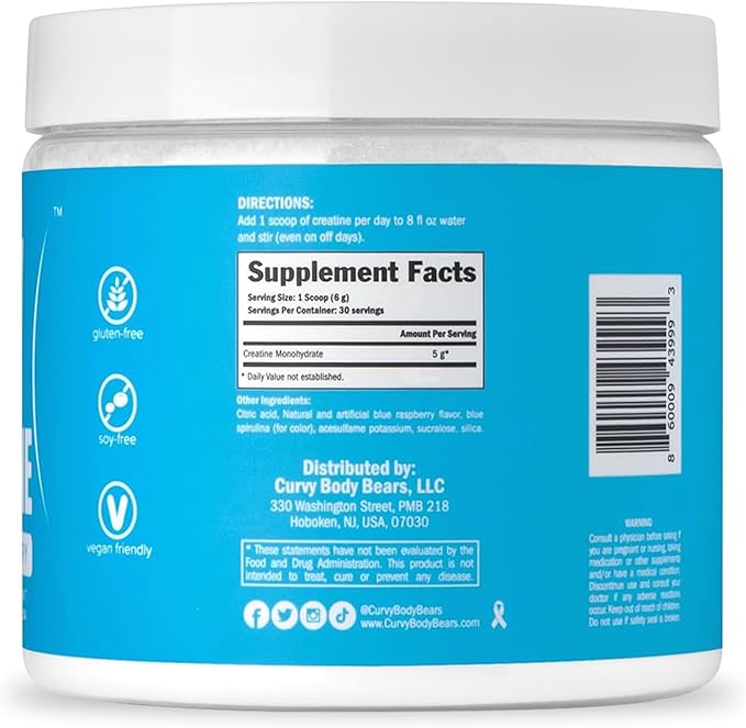 Curvy Body Creatine Monohydrate Powder | Workout Support | Vegan | Kosher | Blue Raspberry Flavor 180 Grams (30 Servings)