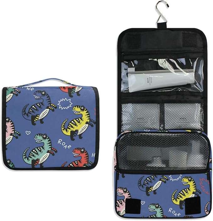 senya Hanging Travel Toiletry Bag Kit Boys Makeup Case Cosmetics Organizer for Men Women (Dinosaur Navy)