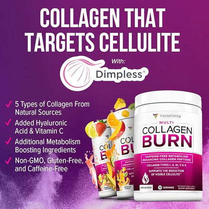 Multi Collagen Burn: Multi-Type Hydrolyzed Collagen Protein Peptides with Hyaluronic Acid, Vitamin C, SOD B Dimpless, Types I, II, III, V and X Collagen, Caffeine-Free (Strawberry Lemonade)