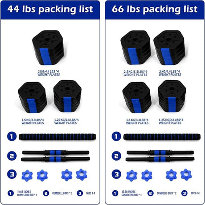 VIVITORY Dumbbell Set - Adjustable Weights, Free Weights with Connector, Non-Rolling, Hexagon, Cement Mixture - 44 to 66 Lbs