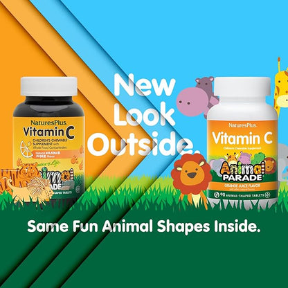NaturesPlus Animal Parade Vitamin C Children's Chewable - Natural Orange Juice Flavor - 90 Animal-Shaped Tablets, Pack of 4 - Vegan, Vegetarian, Gluten Free - 180 Total Servings