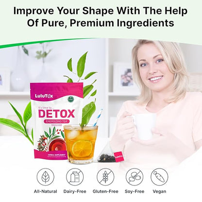 LULUTOX Detox Tea - Herbal Blend with Dandelion, Ginseng, and Ginger - Supports A Healthy Weight, Digestive Health - Vegan, All Natural, Laxative-Free - Peach Flavor (3 pack x 28 servings)
