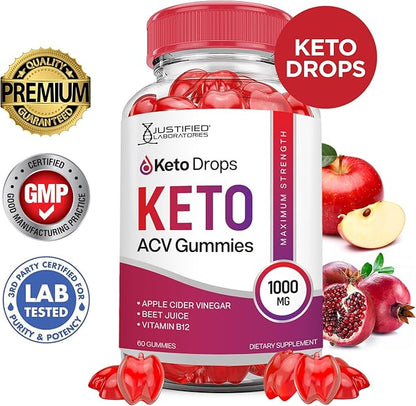 Keto Drops Keto ACV Gummies Advanced Formula 1000MG Keto Drops Keto Gummies Apple Cider Vinegar Formulated with Pomegranate Beet Juice Powder B12 Vegan Non GMO 60 Gummys