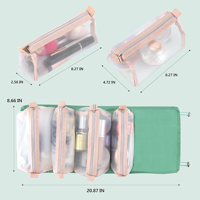 Roll Up Makeup Bag, Hanging Toiletry Bag, 4 in 1 Detachable Cosmetic Bag, 4 Removable Storage Bags, Travel Makeup Organizer Bags for Women Men(Green)