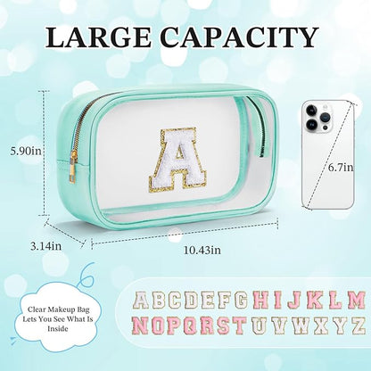 YOOLIFE Initial Travel Toiletry Bag, Clear Makeup Bag Preppy Cosmetic Bags Organizer Travel Essentials Gifts for Women Teen Girlfriend Teacher Mom Birthday Clear Makeup Bags With Zipper Blue I