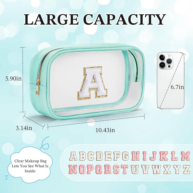 YOOLIFE Initial Make Up Bag Travel Toiletry Bag, Clear Makeup Bag Preppy Cosmetic Bags Organizer Travel Essentials Gifts for Women Teen Girlfriend Teacher Mom Birthday Mothers Day Gifts Blue B