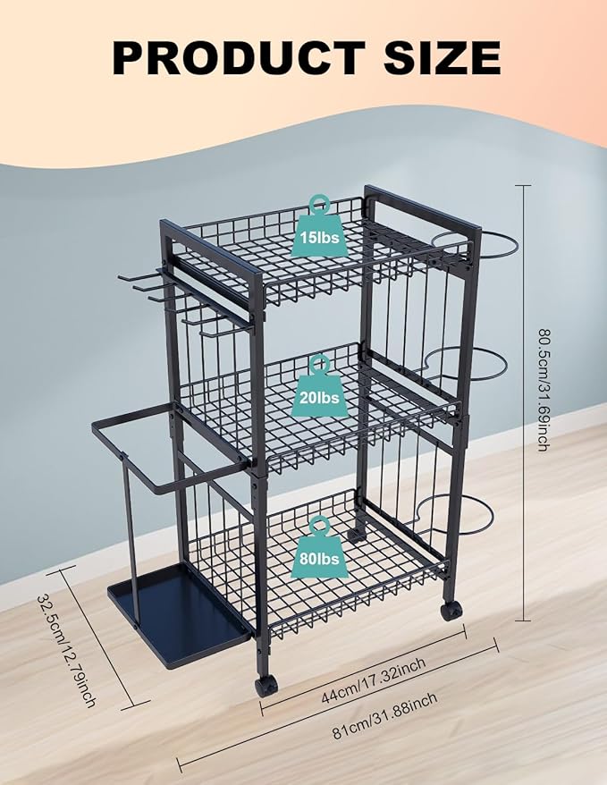 Yoga Mat Storage Rack, Home Gym Organizer Rack Yoga Mat Holder, Workout Storage for Yoga Mat, Gym Equipment Storage Cart with Wheels and Hooks for Home Exercise and Fitness Gear