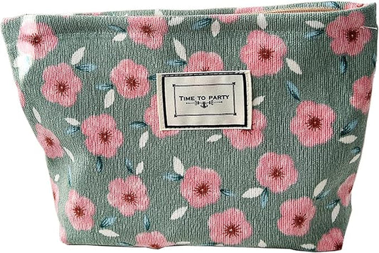 Flower Fabric Makeup Bag for Purse, Vintage Corduroy Cosmetic Pouch Bag, Portable Travel Handbag for Women Girls (Cherry)