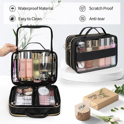 OCHEAL Makeup Bag Organizer, Double Layer Cosmetic Bag, Large Capacity Travel Toiletry Bag for Women Beauty Essentials, Multiple Compartments Makeup Case Organizer Zipper Pouch - Black