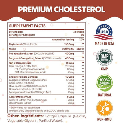 3600 MG Cholesterol Supplements with Plant Sterols, Niacin, Red Yeast Rice, Citrus Bergamot, Garlic, Cholesterol Supplement Support Normal Cholesterol Levels, 90 Softgels