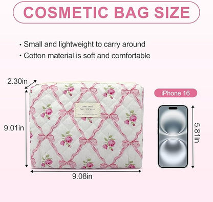 Quilted Makeup Bag,Medium Travel Floral Cosmetic Bag Cute Pouch,Cotton Makeup Brushes Storage Bag for Women