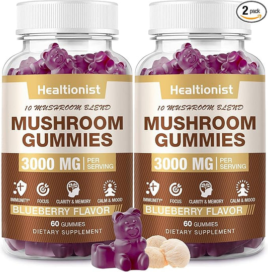 2 Packs 3000MG Mushroom Complex Gummies 10 Blend - Lion's Mane Gummies for Adults, Cordyceps, Shiitake, Reishi, Chaga, Brain, Immune Support & Stress Relief, Energy Mushroom Supplement for Men & Women