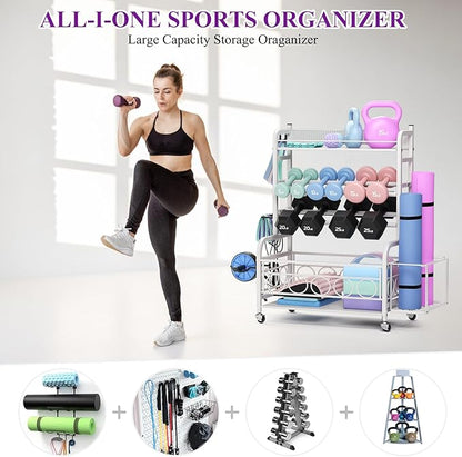 Dumbbell Rack, VOPEAK Weight Rack for Home Gym, Home Gym Storage Rack for Yoga Mat Kettlebells and Strength Training Equipment, Weight Storage Rack for Dumbbells with Wheels