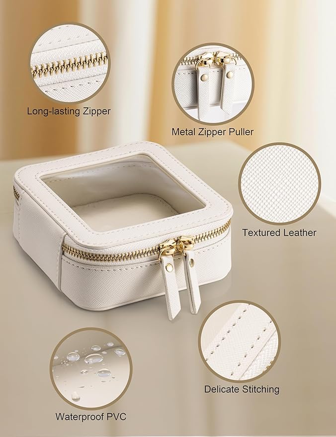 Keains Mini Makeup Bag for Purse - Clear Travel Leather Toiletry Bag with Zipper - Car Organizer Bag - Small Waterproof Cosmetic Organizer Case for On-the-Go Essentials (Off White)