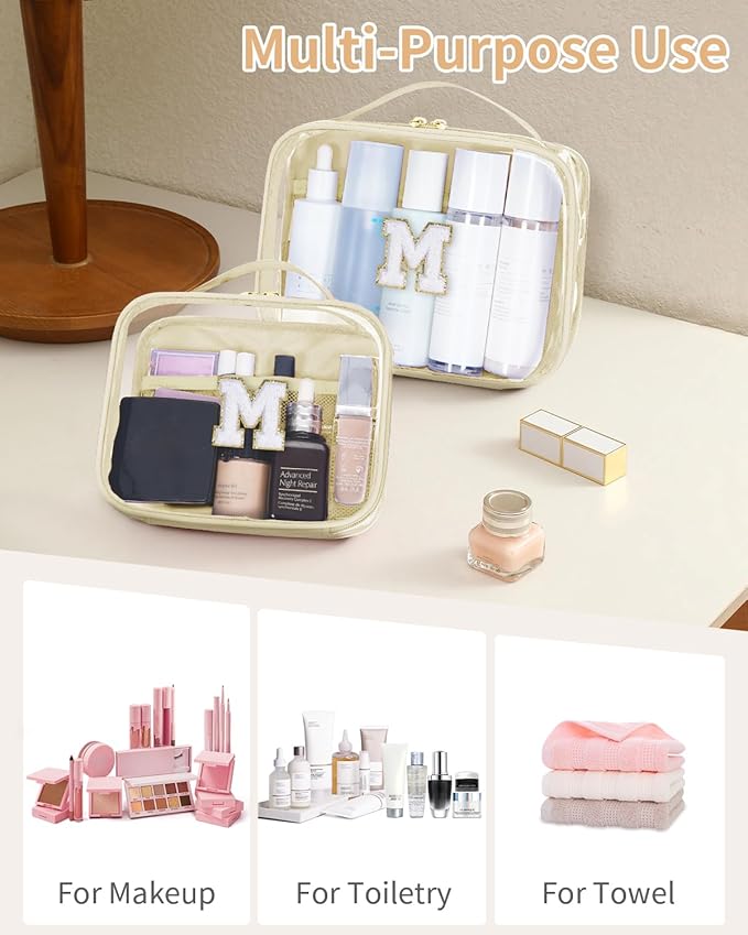 Wandering Nature Clear Makeup Bags 2 Pack Personalized Initial Makeup Pouch Preppy Small Cosmetic Pouch Organizer Travel Toiletry Bag, Birthday Gifts for Girlfriend Women