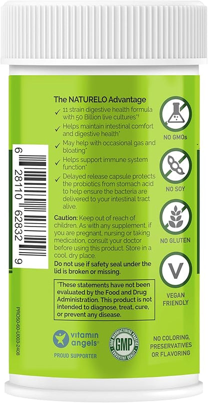 NATURELO Probiotics for Digestive Health - 50 Billion CFU, 11 Strains Daily Supplement - Boosts Immune System, Delayed Release, 60 Vegetarian Capsules