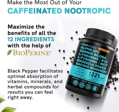 12-in-1 Nootropic Brain Supplement w/ Caffeine Anhydrous: Ginkgo Biloba for Brain Support, Memory & Focus - B12, Alpha GPC, L Theanine & Choline Supplements with Bioperine with 1321mg, 60ct (2 Pack)