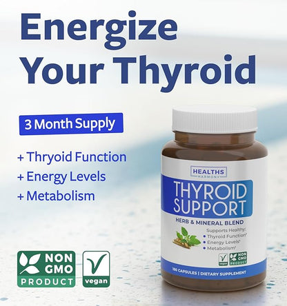 Thyroid Support with Iodine - 180 Capsules (Non-GMO) Improve Your Energy - Ashwagandha Root, Zinc, Selenium, Vitamin B12 Complex - Thyroid Health Supplement for Women and for Men - 90 Day Supply…