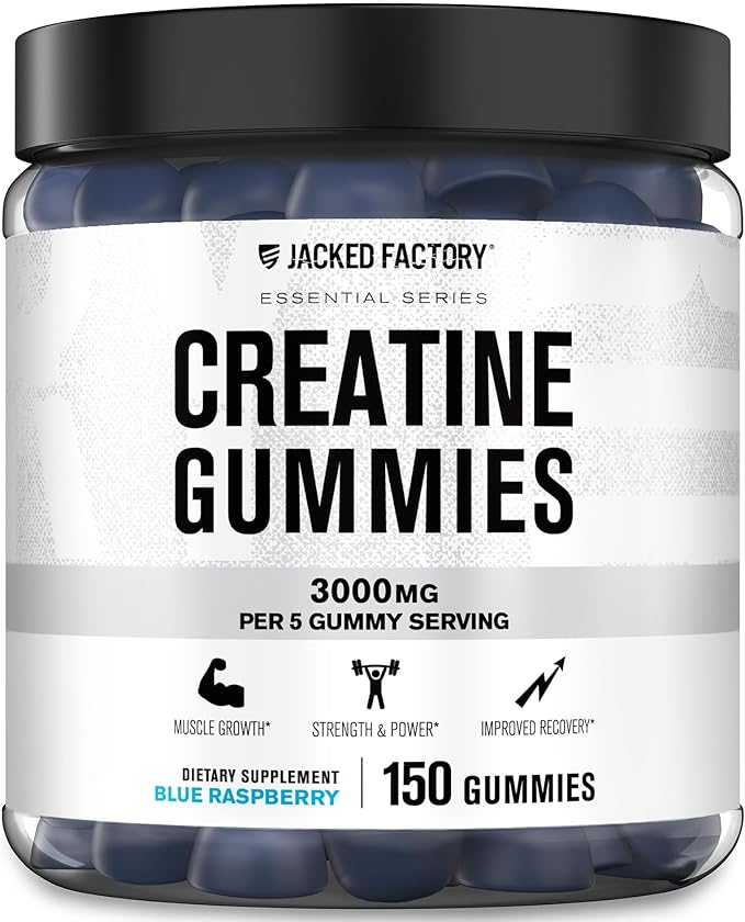 Jacked Factory Creatine Monohydrate Gummies (3g per 5 Gummies) - Creatine Gummies for Muscle Growth, Strength, Enhanced Energy & Improved Athletic Performance - 150 Gummies, Blue Raspberry
