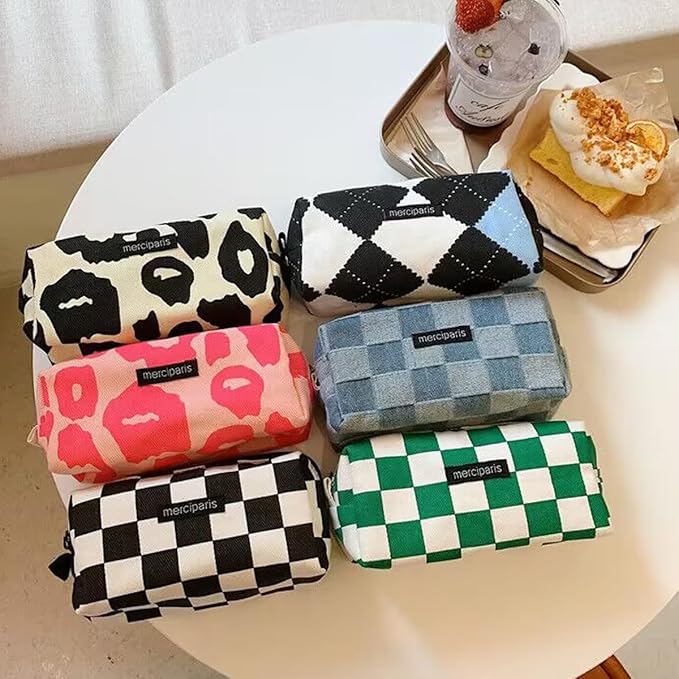 Cosmetic Bags for Women Makeup Bag Large Capacity Purse Travel Toiletry Zipper Storage Pouch Make up Brushes Organizer for Gifts (Checkered, Denim Blue)