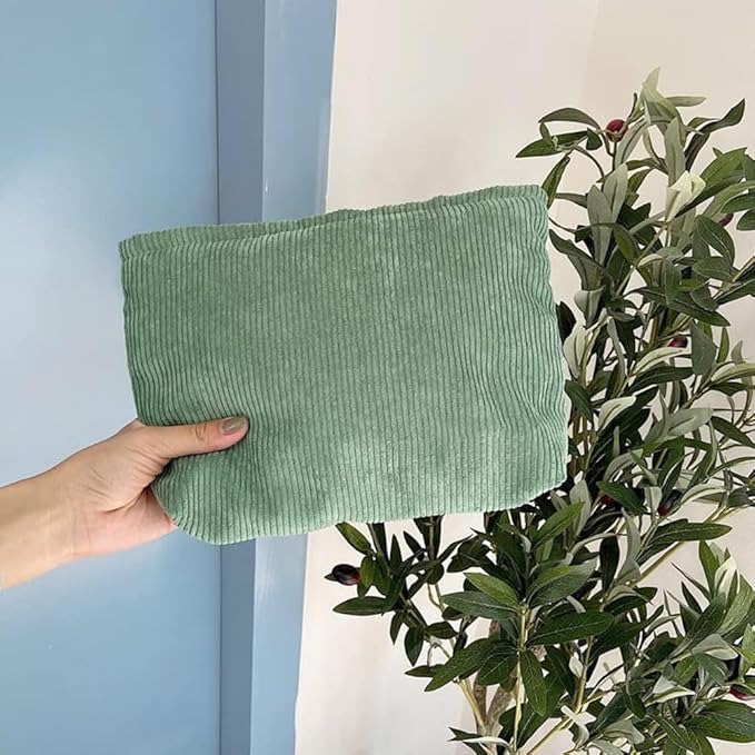 FITINI 2 Pcs Makeup Bag Large Corduroy Cosmetic Bags Portable Travel Toiletry Case Organizer Cute Small Brushes Storage Pouch with Zipper for Women Purse,Green